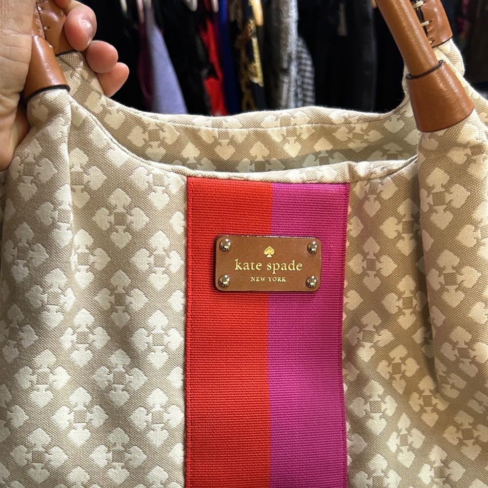 kate spade Neutral Canvas Tote with Pink & Orange Center Stripe